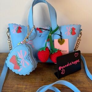 Juicy Couture Sky Blue Strawberry Tote with Heart Coin Pouch